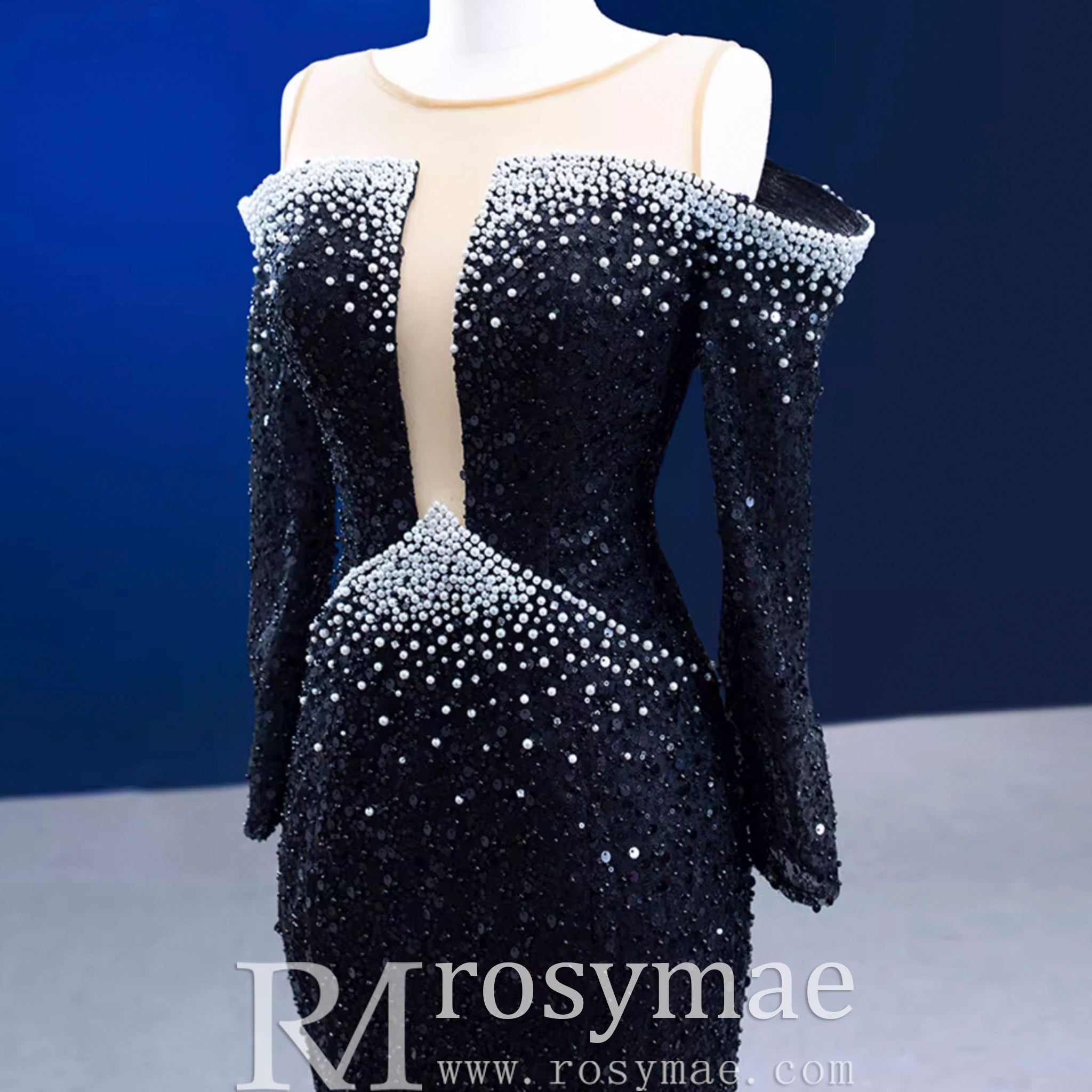 High-end Black Off the Shoulder Wedding Dress Sparkly Evening Dress - Rosymae