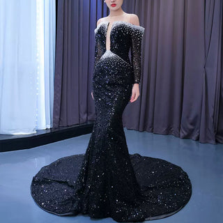 High-end Black Off the Shoulder Wedding Dress Sparkly Evening Dress - Rosymae