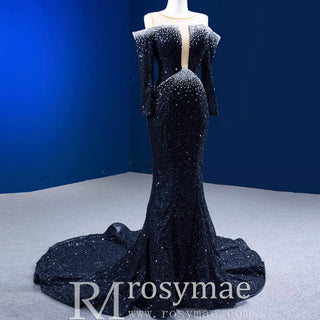 High-end Black Off the Shoulder Wedding Dress Sparkly Evening Dress - Rosymae
