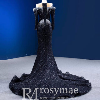 High-end Black Off the Shoulder Wedding Dress Sparkly Evening Dress - Rosymae