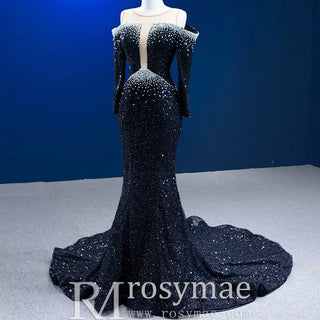 High-end Black Off the Shoulder Wedding Dress Sparkly Evening Dress - Rosymae