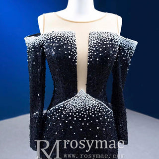 High-end Black Off the Shoulder Wedding Dress Sparkly Evening Dress - Rosymae