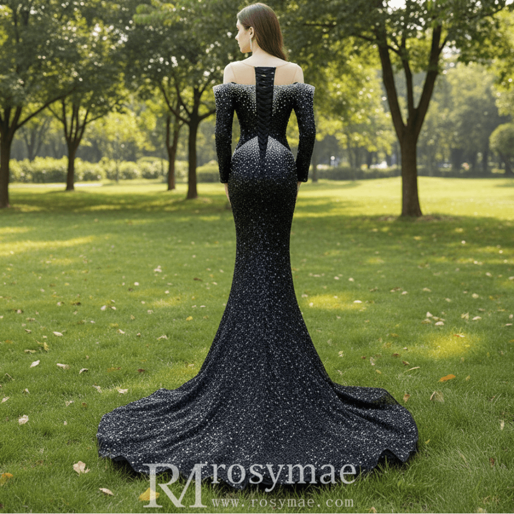 High-end Black Off the Shoulder Wedding Dress Sparkly Evening Dress - Rosymae