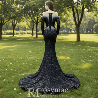 High-end Black Off the Shoulder Wedding Dress Sparkly Evening Dress - Rosymae