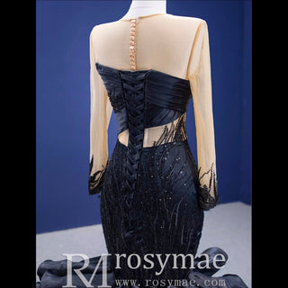 High-end Black Wedding Dress Prom Gown with Long Sleeve - Rosymae