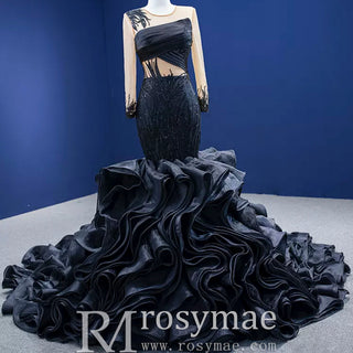 High-end Black Wedding Dress Prom Gown with Long Sleeve - Rosymae