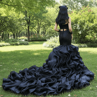 High-end Black Wedding Dress Prom Gown with Long Sleeve - Rosymae
