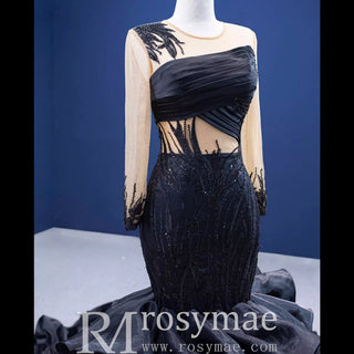 High-end Black Wedding Dress Prom Gown with Long Sleeve - Rosymae