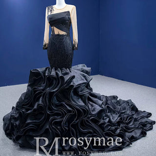 High-end Black Wedding Dress Prom Gown with Long Sleeve - Rosymae