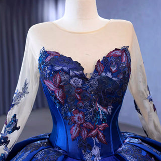 High-end Blue Ball Gown Ruffle Skirt Wedding Dress with Long Sleeve - Rosymae