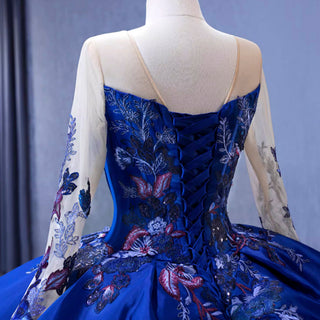 High-end Blue Ball Gown Ruffle Skirt Wedding Dress with Long Sleeve - Rosymae