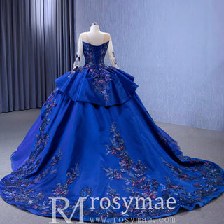 High-end Blue Ball Gown Ruffle Skirt Wedding Dress with Long Sleeve - Rosymae