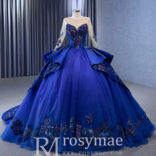 High-end Blue Ball Gown Ruffle Skirt Wedding Dress with Long Sleeve - Rosymae