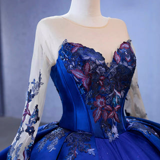 High-end Blue Ball Gown Ruffle Skirt Wedding Dress with Long Sleeve - Rosymae