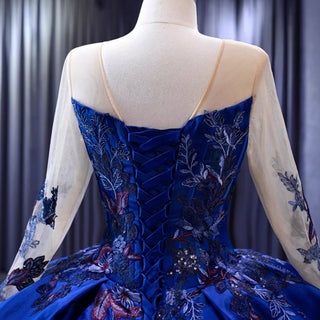 High-end Blue Ball Gown Ruffle Skirt Wedding Dress with Long Sleeve - Rosymae