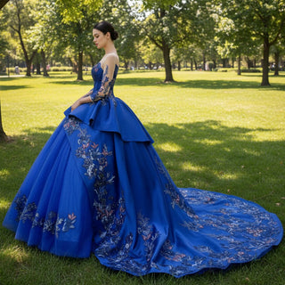 High-end Blue Ball Gown Ruffle Skirt Wedding Dress with Long Sleeve - Rosymae