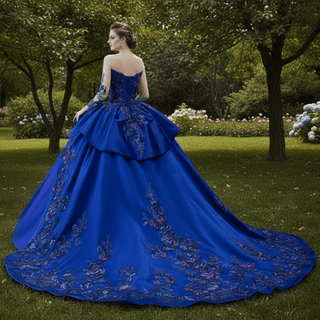 High-end Blue Ball Gown Ruffle Skirt Wedding Dress with Long Sleeve - Rosymae