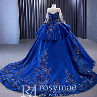 High-end Blue Ball Gown Ruffle Skirt Wedding Dress with Long Sleeve - Rosymae