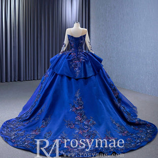High-end Blue Ball Gown Ruffle Skirt Wedding Dress with Long Sleeve - Rosymae