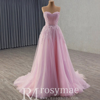 High-end Blushing Pink Beading Pearl Prom Formal Dress Party Gown - Rosymae