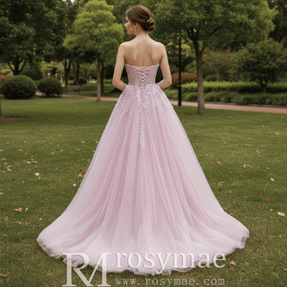 High-end Blushing Pink Beading Pearl Prom Formal Dress Party Gown - Rosymae