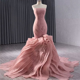 High-End Blushing Pink Cascading Ruffles Flower Mermaid Prom Dresses - Rosymae