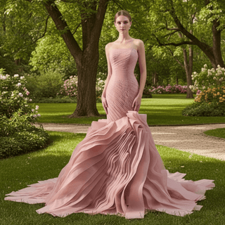 High-End Blushing Pink Cascading Ruffles Flower Mermaid Prom Dresses - Rosymae