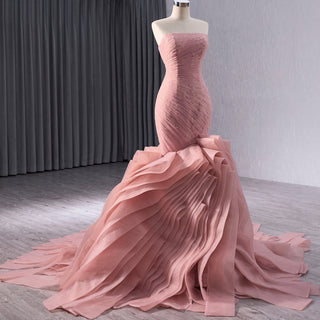 High-End Blushing Pink Cascading Ruffles Flower Mermaid Prom Dresses - Rosymae