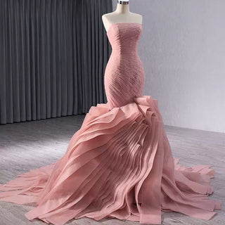 High-End Blushing Pink Cascading Ruffles Flower Mermaid Prom Dresses - Rosymae