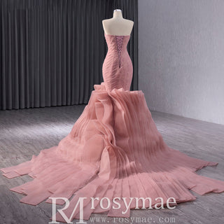 High-End Blushing Pink Cascading Ruffles Flower Mermaid Prom Dresses - Rosymae