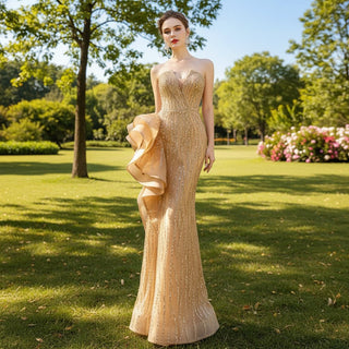 High-end Champagne Evening Dress Sequins Party Formal Gown - Rosymae