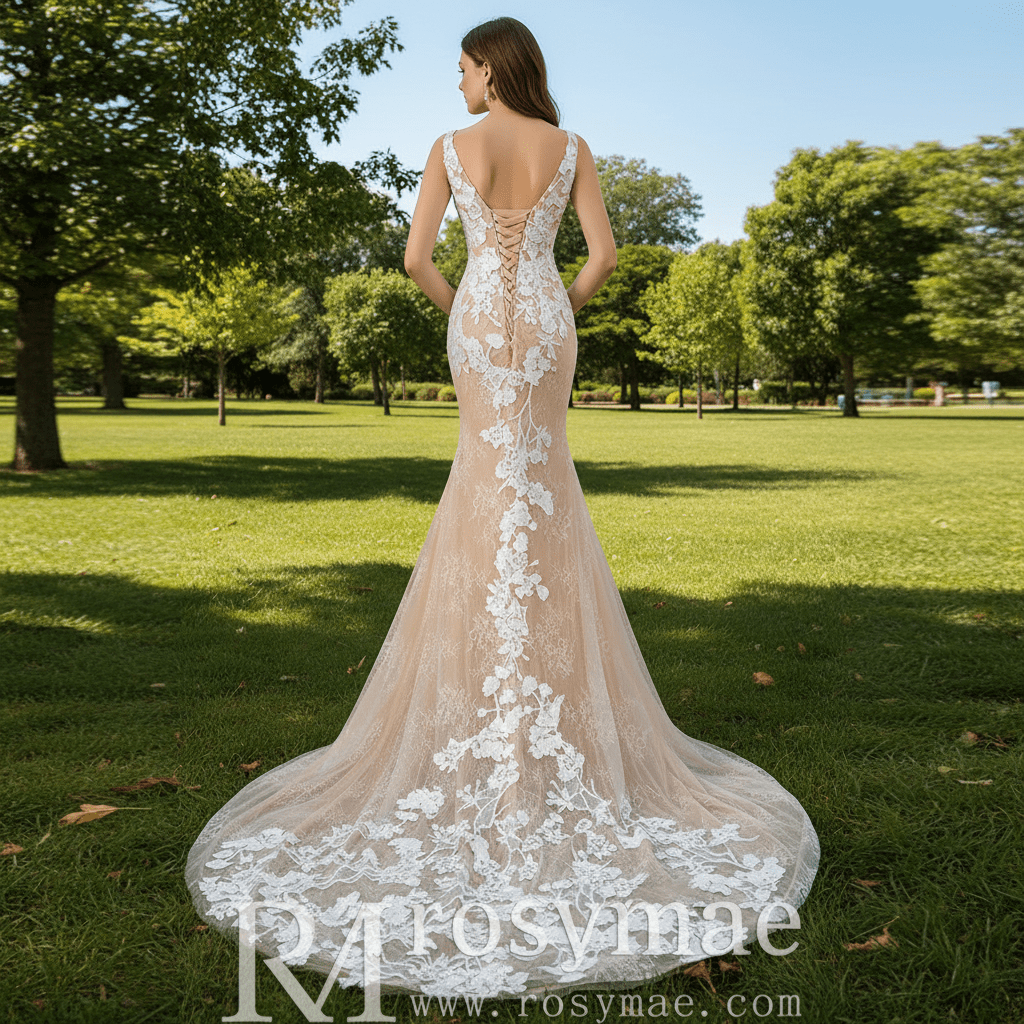High-end Champagne Gold Mermaid Wedding Dress with Floral Lace - Rosymae