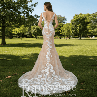 High-end Champagne Gold Mermaid Wedding Dress with Floral Lace - Rosymae