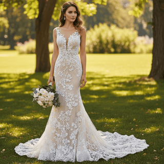 High-end Champagne Gold Mermaid Wedding Dress with Floral Lace Champagne Gold / 0