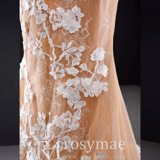 High-end Champagne Gold Mermaid Wedding Dress with Floral Lace - Rosymae