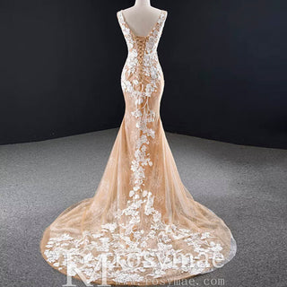 High-end Champagne Gold Mermaid Wedding Dress with Floral Lace - Rosymae