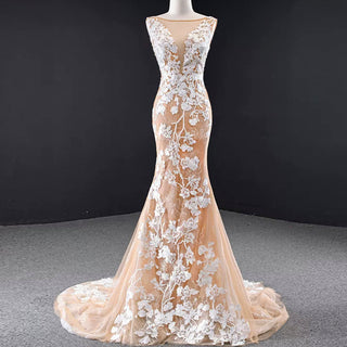 High-end Champagne Gold Mermaid Wedding Dress with Floral Lace - Rosymae