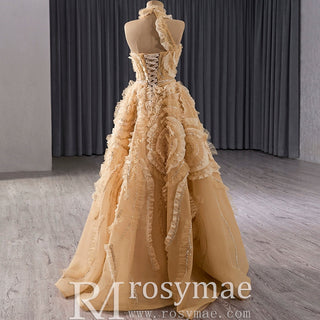 High-end Champagne Sequins Ruffle Formal Gown Prom Dress - Rosymae