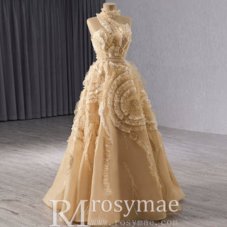 High-end Champagne Sequins Ruffle Formal Gown Prom Dress - Rosymae