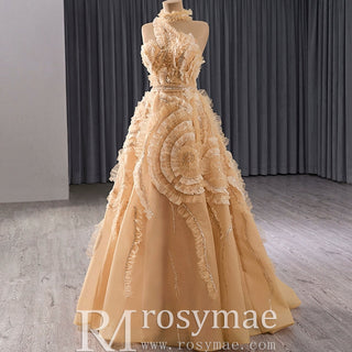 High-end Champagne Sequins Ruffle Formal Gown Prom Dress - Rosymae
