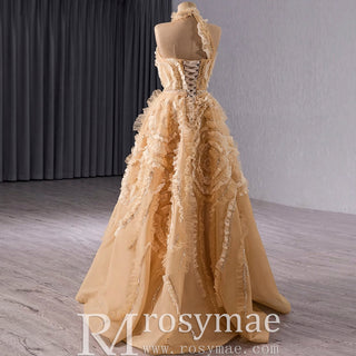High-end Champagne Sequins Ruffle Formal Gown Prom Dress - Rosymae