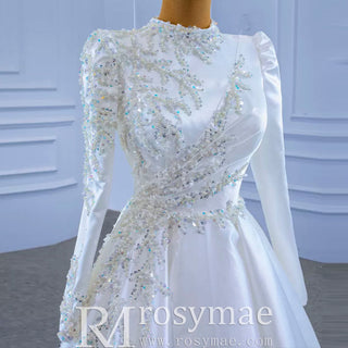 High-end Elegant O-neck Satin Wedding Dress with Long Sleeve - Rosymae