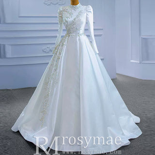 High-end Elegant O-neck Satin Wedding Dress with Long Sleeve - Rosymae
