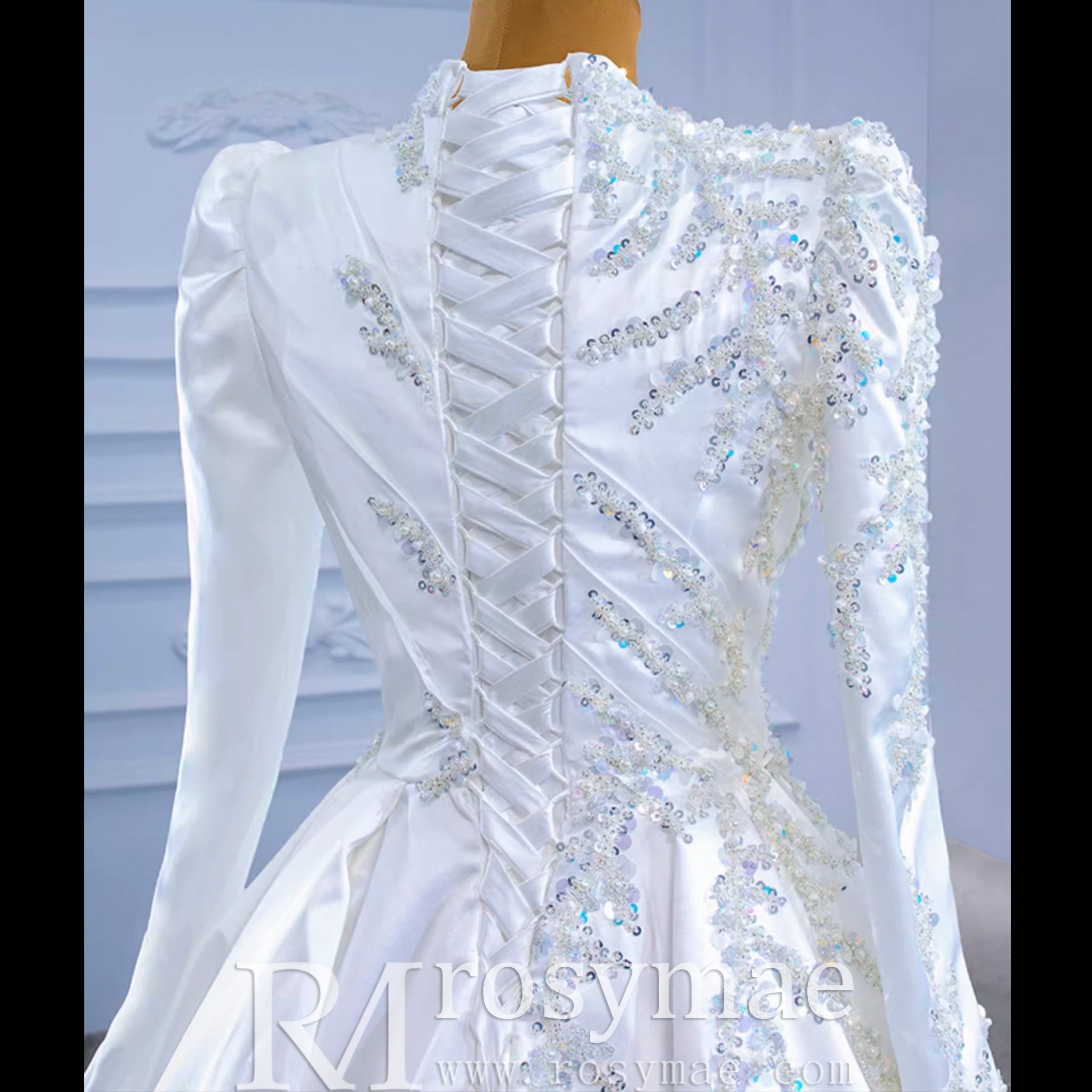 High-end Elegant O-neck Satin Wedding Dress with Long Sleeve - Rosymae