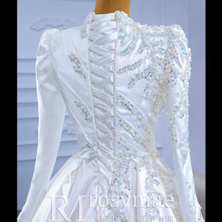 High-end Elegant O-neck Satin Wedding Dress with Long Sleeve - Rosymae