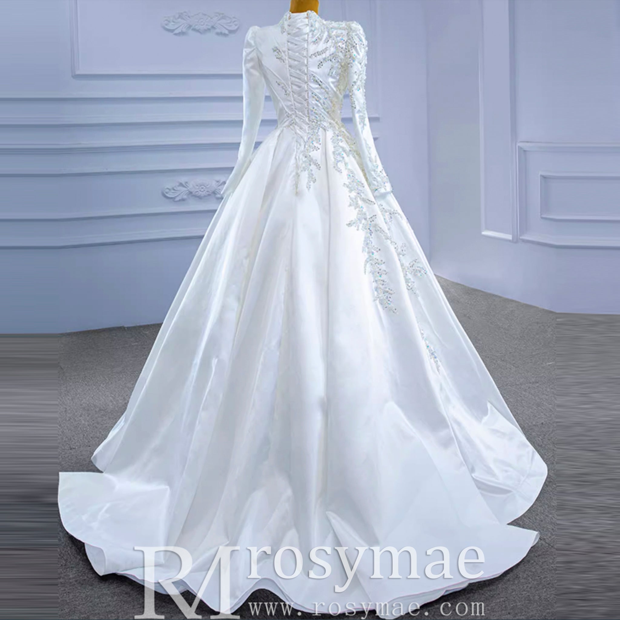 High-end Elegant O-neck Satin Wedding Dress with Long Sleeve - Rosymae