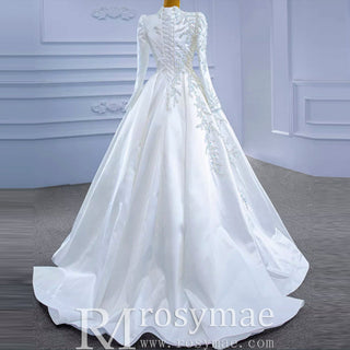 High-end Elegant O-neck Satin Wedding Dress with Long Sleeve - Rosymae