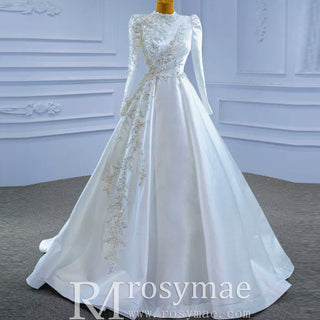 High-end Elegant O-neck Satin Wedding Dress with Long Sleeve - Rosymae