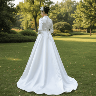 High-end Elegant O-neck Satin Wedding Dress with Long Sleeve - Rosymae