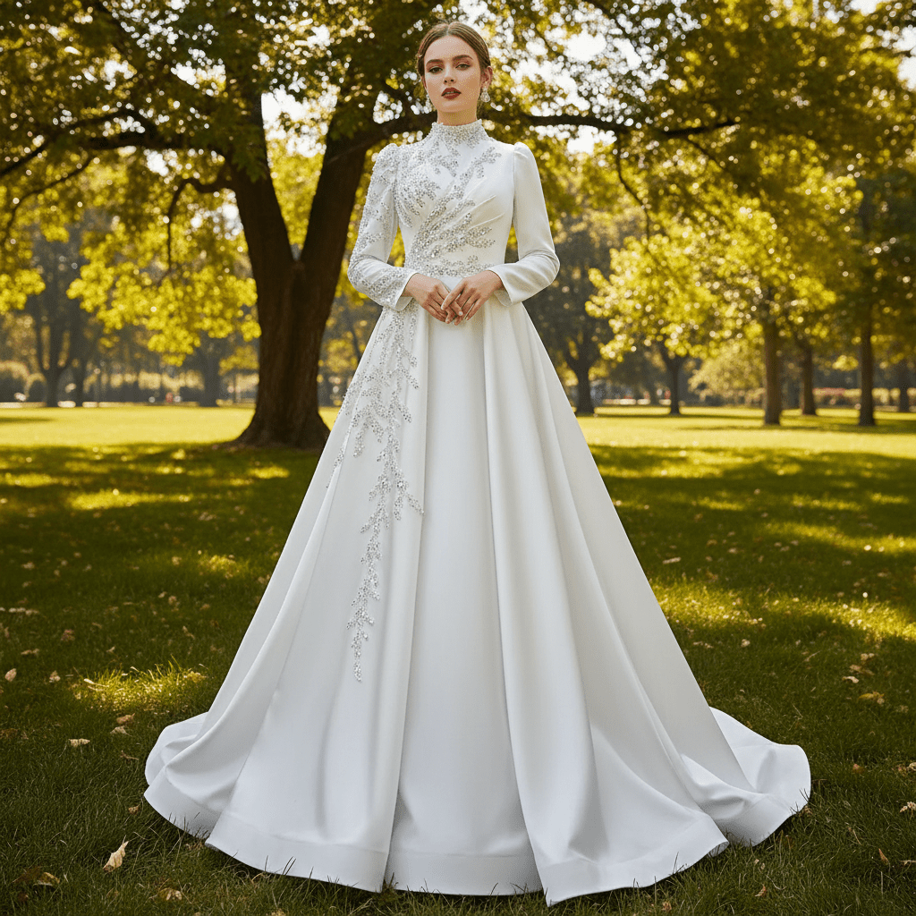 High-end Elegant O-neck Satin Wedding Dress with Long Sleeve - Rosymae